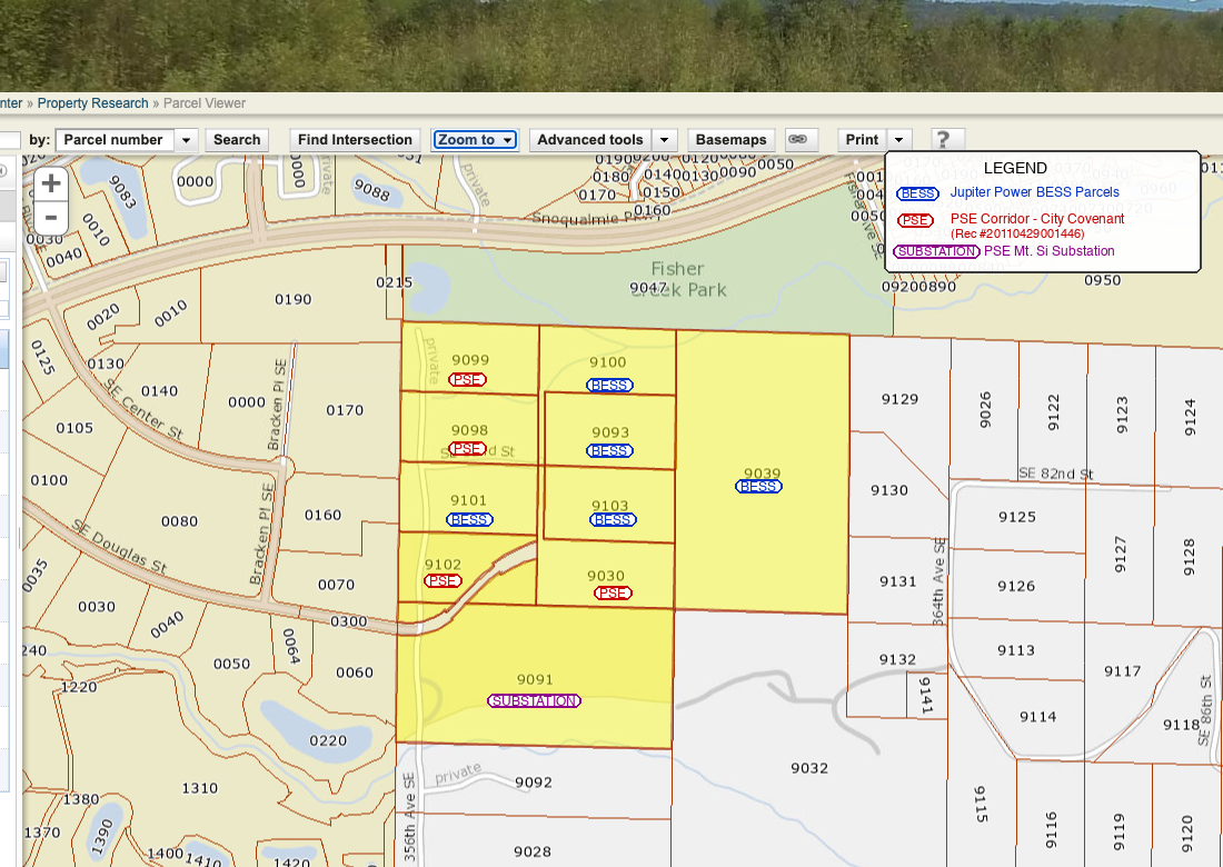 Annotated parcel map showing BESS parcels (blue), PSE corridor parcels (red), and Mt. Si substation (purple)
